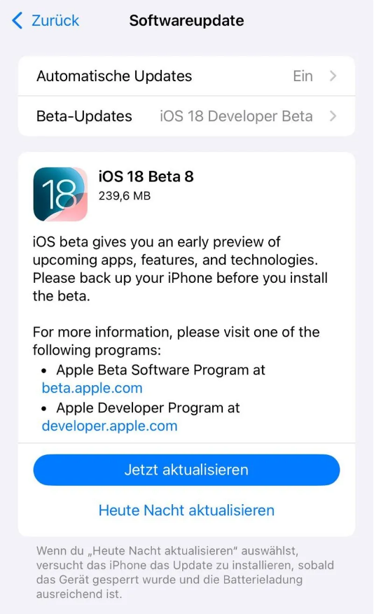 淮北苹果手机维修分享苹果 iOS / iPadOS 18 开发者预览版 Beta 8 发布 